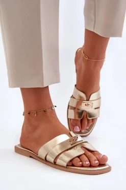 Klapki Damskie Płaskie Z Ozdobą Złote Kavinia