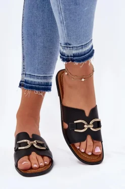 Klapki Damskie Płaskie Z Ozdobnym Detalem Czarne Amiresna