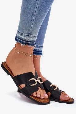 Klapki Damskie Płaskie Z Ozdobnym Detalem Czarne Amiresna