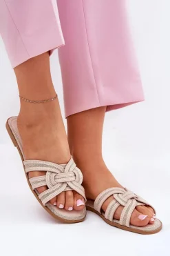 Klapki Damskie Płaskie Z Przeplatającymi Się Paskami Beżowe Acimine