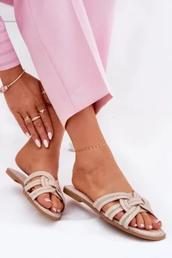 Klapki Damskie Płaskie Z Przeplatającymi Się Paskami Beżowe Acimine