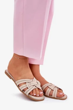 Klapki Damskie Płaskie Z Przeplatającymi Się Paskami Beżowe Acimine