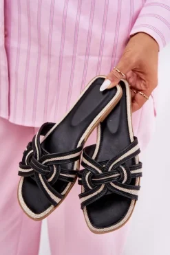 Klapki Damskie Płaskie Z Przeplatającymi Się Paskami Czarne Acimine