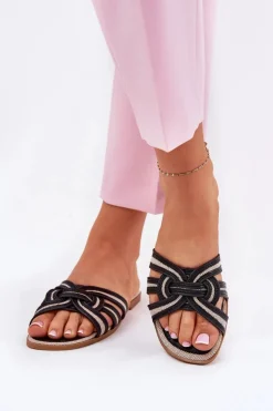 Klapki Damskie Płaskie Z Przeplatającymi Się Paskami Czarne Acimine