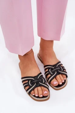 Klapki Damskie Płaskie Z Przeplatającymi Się Paskami Czarne Acimine