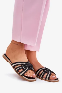 Klapki Damskie Płaskie Z Przeplatającymi Się Paskami Czarne Acimine