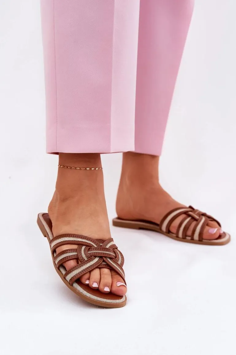 Klapki Damskie Płaskie Z Przeplatającymi Się Paskami Brązowe Acimine