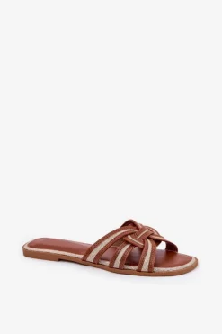 Klapki Damskie Płaskie Z Przeplatającymi Się Paskami Brązowe Acimine