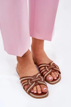 Klapki Damskie Płaskie Z Przeplatającymi Się Paskami Brązowe Acimine