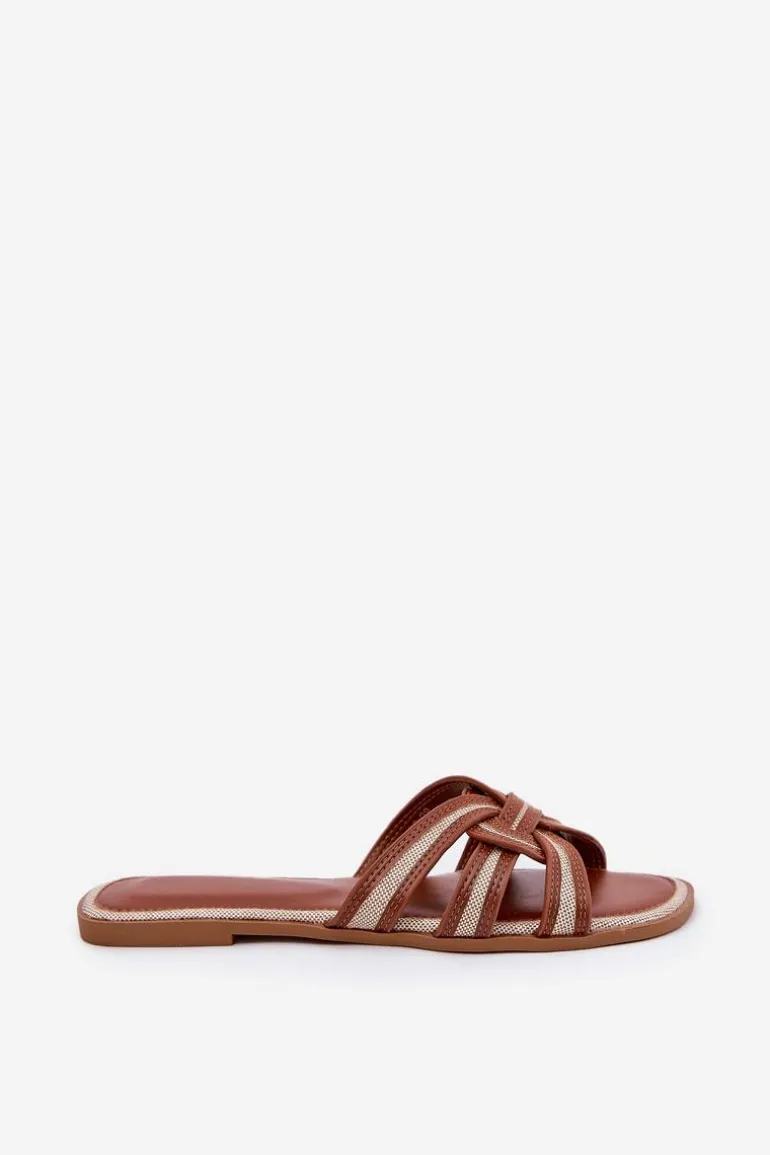 Klapki Damskie Płaskie Z Przeplatającymi Się Paskami Brązowe Acimine