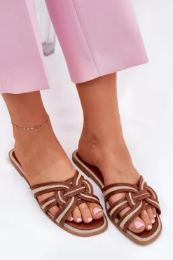 Klapki Damskie Płaskie Z Przeplatającymi Się Paskami Brązowe Acimine