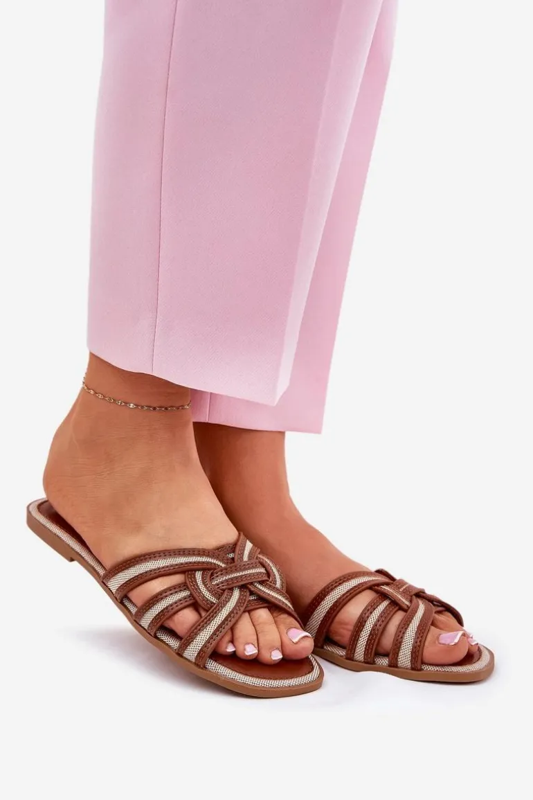 Klapki Damskie Płaskie Z Przeplatającymi Się Paskami Brązowe Acimine