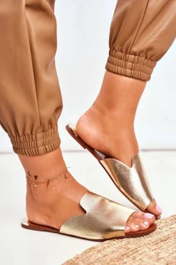 Klapki Damskie Płaskie Złote Mimios