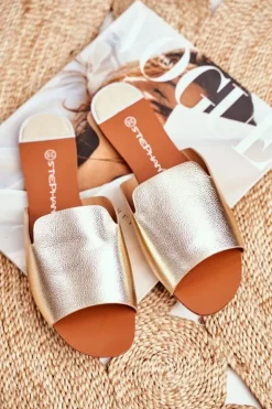 Klapki Damskie Płaskie Złote Mimios