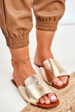 Klapki Damskie Płaskie Złote Mimios