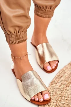 Klapki Damskie Płaskie Złote Mimios