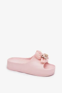 Klapki Damskie Piankowe Na Platformie Z Kokardką I Broszką Różowe Marlize