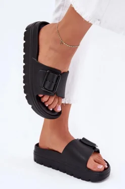 Klapki Damskie Piankowe Na Platformie Z Klamrą Czarne Viasara