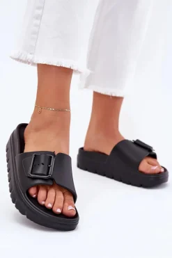 Klapki Damskie Piankowe Na Platformie Z Klamrą Czarne Viasara