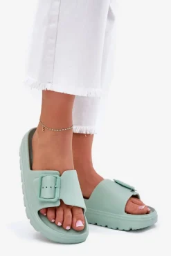 Klapki Damskie Piankowe Na Platformie Z Klamrą Zielone Viasara