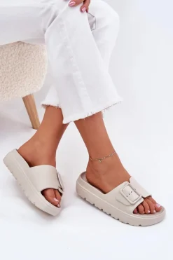 Klapki Damskie Piankowe Na Platformie Z Klamrą Beżowe Viasara