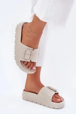 Klapki Damskie Piankowe Na Platformie Z Klamrą Beżowe Viasara