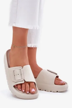 Klapki Damskie Piankowe Na Platformie Z Klamrą Beżowe Viasara