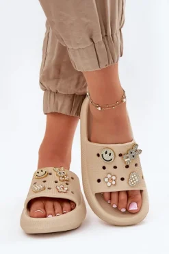 Klapki Damskie Piankowe Z Przypinkami Vinceza 76055 Beżowe