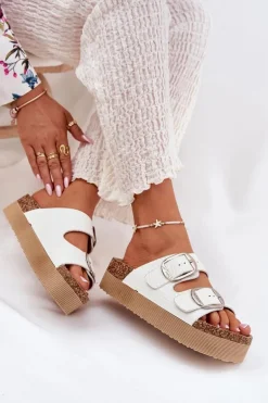 Klapki Damskie Platformie Z Klamrami Lee Cooper LCW-25-35-3496L Białe