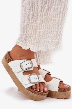 Klapki Damskie Platformie Z Klamrami Lee Cooper LCW-25-35-3496L Białe