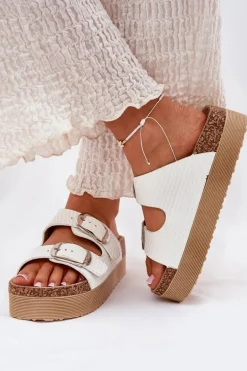 Klapki Damskie Platformie Z Klamrami Lee Cooper LCW-25-35-3496L Białe