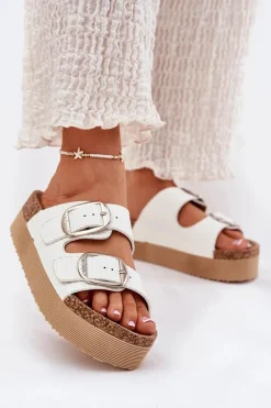 Klapki Damskie Platformie Z Klamrami Lee Cooper LCW-25-35-3496L Białe