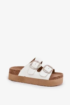 Klapki Damskie Platformie Z Klamrami Lee Cooper LCW-25-35-3496L Białe