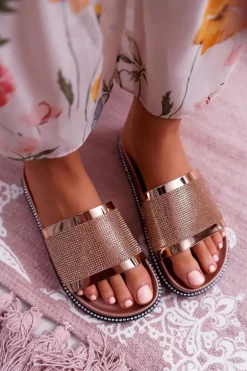 Klapki Damskie Profilowane Z Cyrkoniami Champagne Rentre