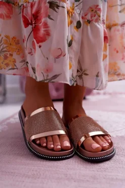 Klapki Damskie Profilowane Z Cyrkoniami Champagne Rentre