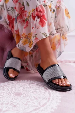 Klapki Damskie Profilowane Z Cyrkoniami Czarne Rentre