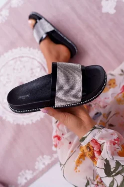 Klapki Damskie Profilowane Z Cyrkoniami Czarne Rentre