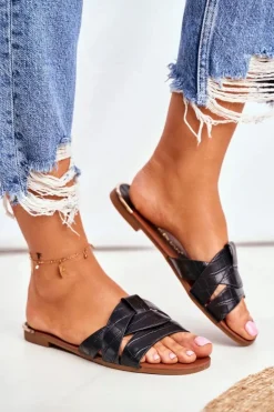 Klapki Damskie Skóra Węża Czarne Chance