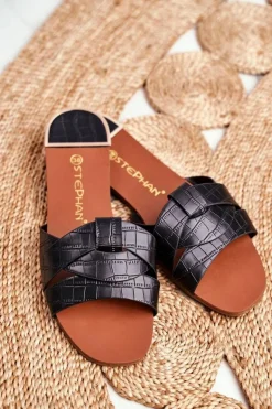 Klapki Damskie Skóra Węża Czarne Chance