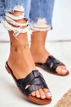 Klapki Damskie Skóra Węża Czarne Chance