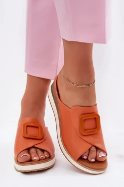 Klapki Damskie Skórzane Na Koturnie Artiker 56C2149 Pomarańczowe