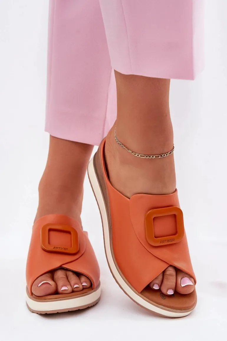 Klapki Damskie Skórzane Na Koturnie Artiker 56C2149 Pomarańczowe