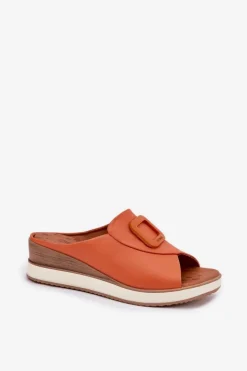 Klapki Damskie Skórzane Na Koturnie Artiker 56C2149 Pomarańczowe