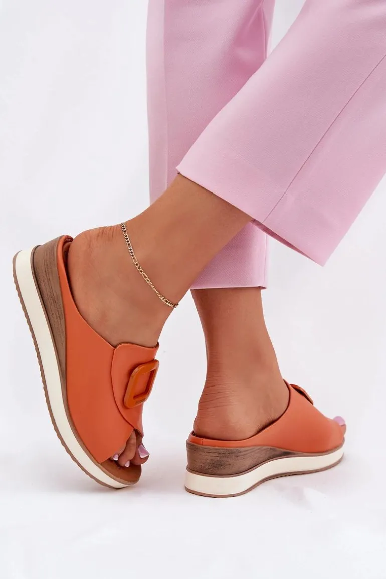 Klapki Damskie Skórzane Na Koturnie Artiker 56C2149 Pomarańczowe