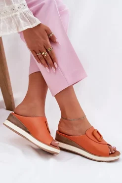 Klapki Damskie Skórzane Na Koturnie Artiker 56C2149 Pomarańczowe