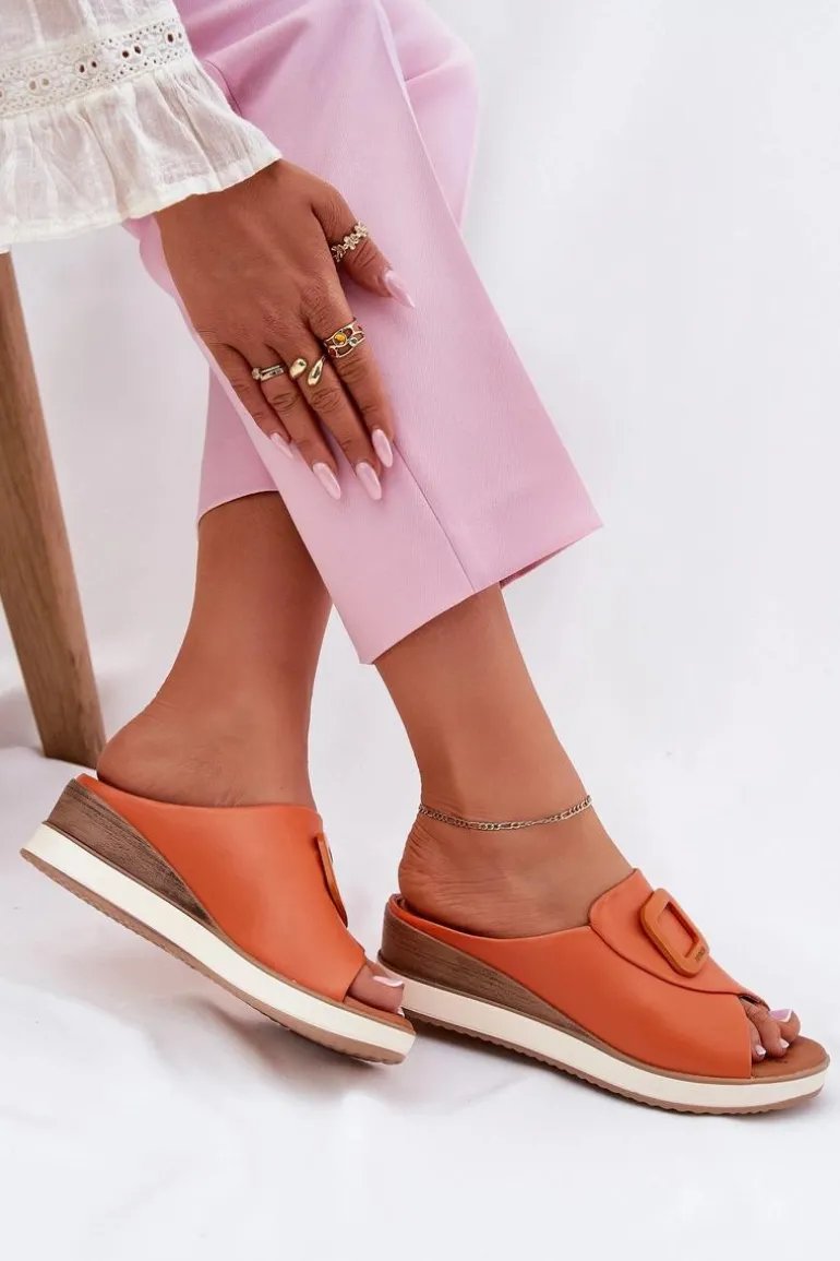 Klapki Damskie Skórzane Na Koturnie Artiker 56C2149 Pomarańczowe