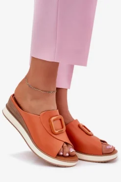 Klapki Damskie Skórzane Na Koturnie Artiker 56C2149 Pomarańczowe