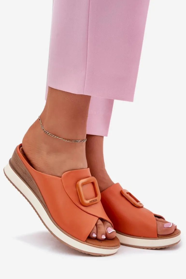 Klapki Damskie Skórzane Na Koturnie Artiker 56C2149 Pomarańczowe