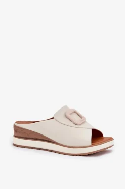 Klapki Damskie Skórzane Na Koturnie Artiker 56C2145 Jasnobeżowe