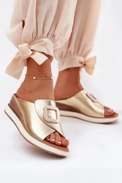 Klapki Damskie Skórzane Na Koturnie Artiker 56C2146 Złote